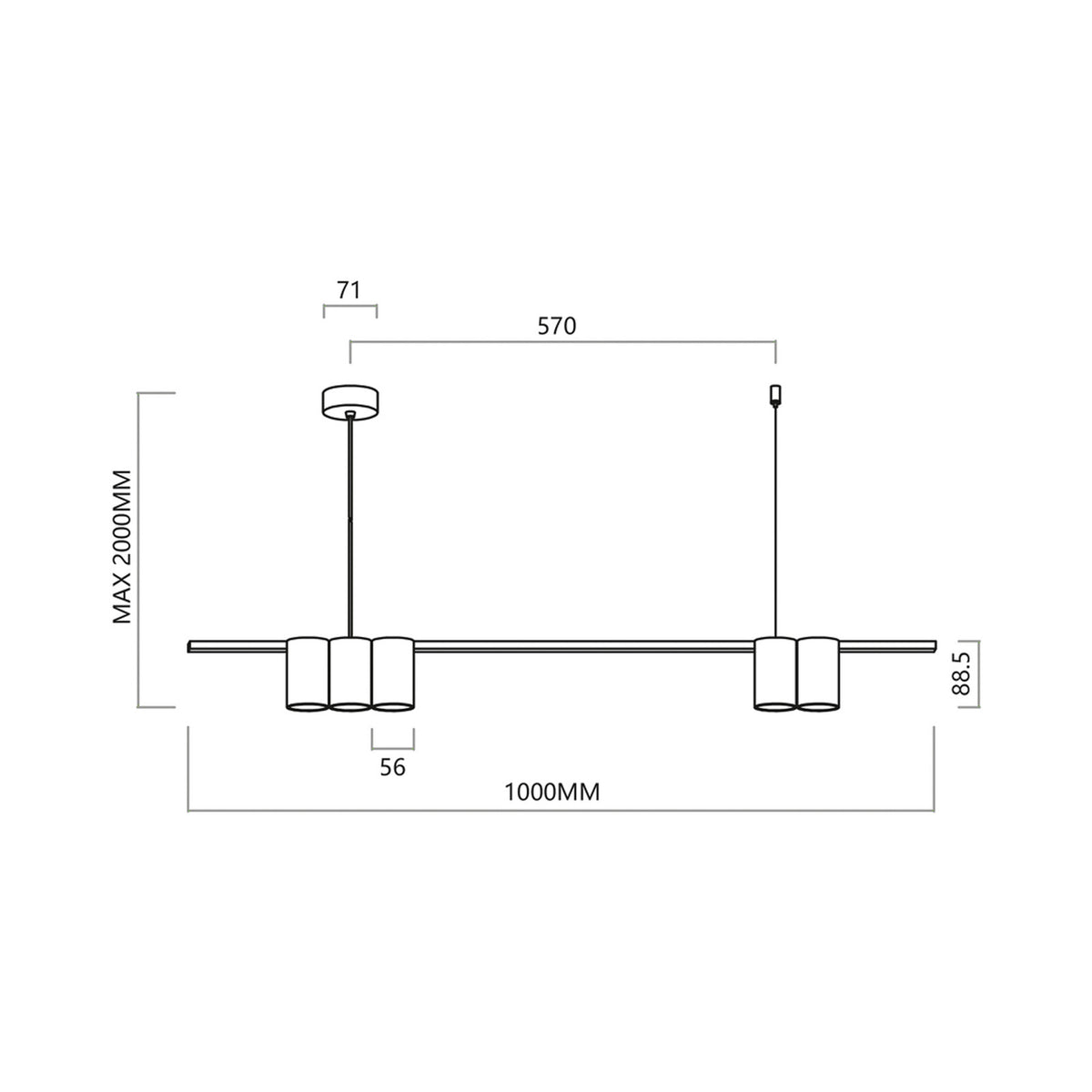 Schéma de dimensions avec longueur 1000 mm, hauteur maximale 2000 mm et largeur 88,5 mm.