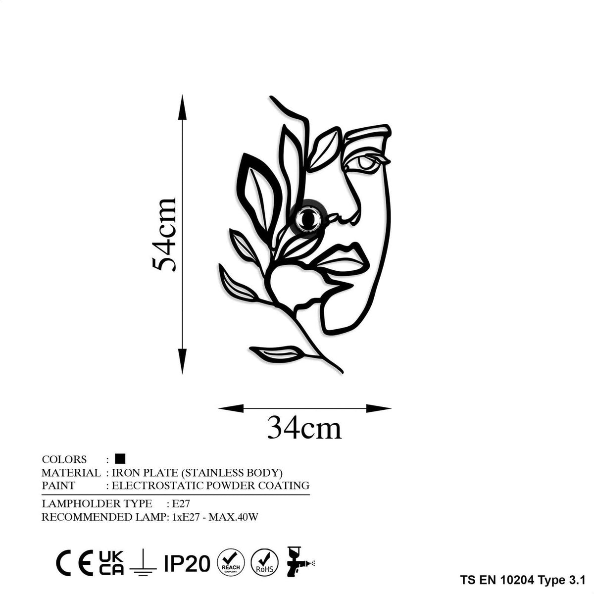 Applique murale Flower Faced en métal, noir, hauteur 54 cm