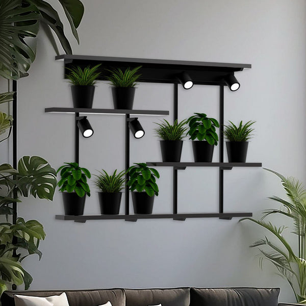 Applique murale Shelf en bois, noir mat, 4 lumières, hauteur 75 cm