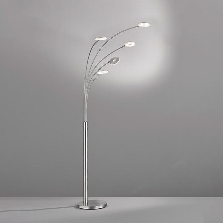 Lampadaire LED Dent en métal, nickel mat et chromé, 5 lumières, hauteur 225 cm