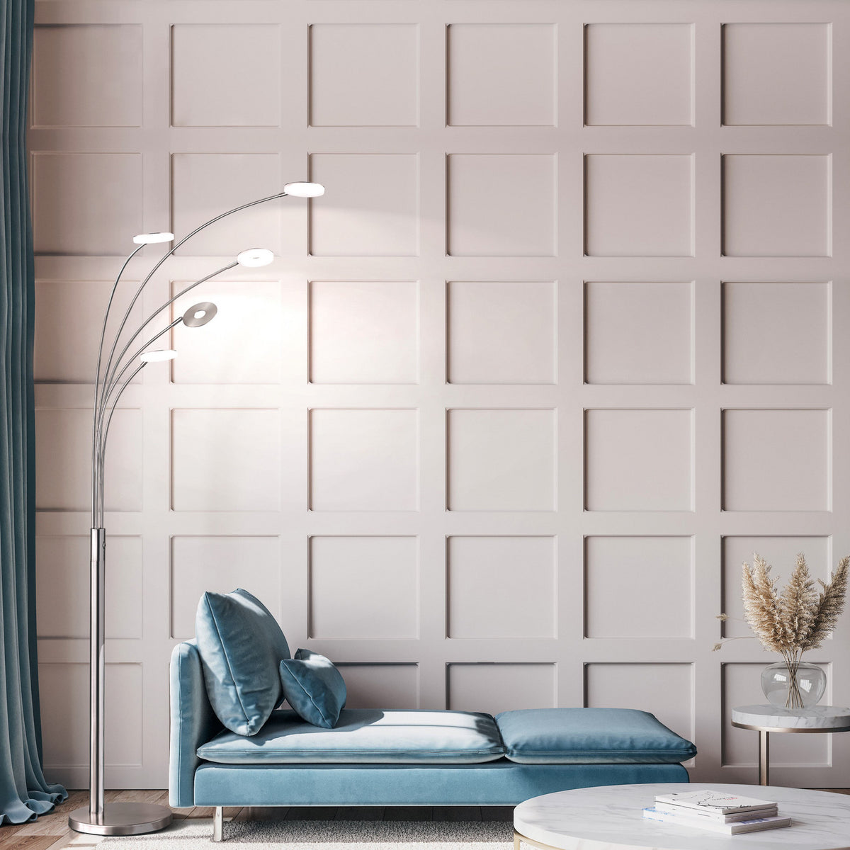 Lampadaire LED Dent en métal, nickel mat et chromé, 5 lumières, hauteur 225 cm