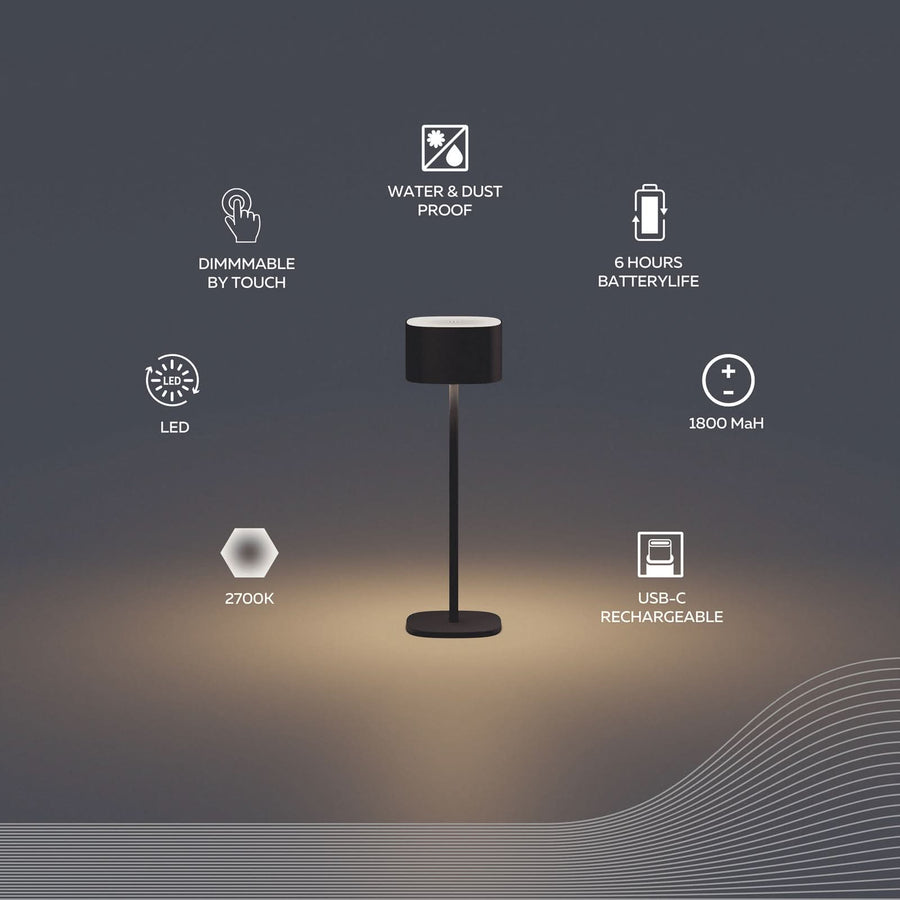 Lampe à poser d'extérieur LED rechargeable Serino en aluminium, noir, hauteur 26,2 cm, IP44