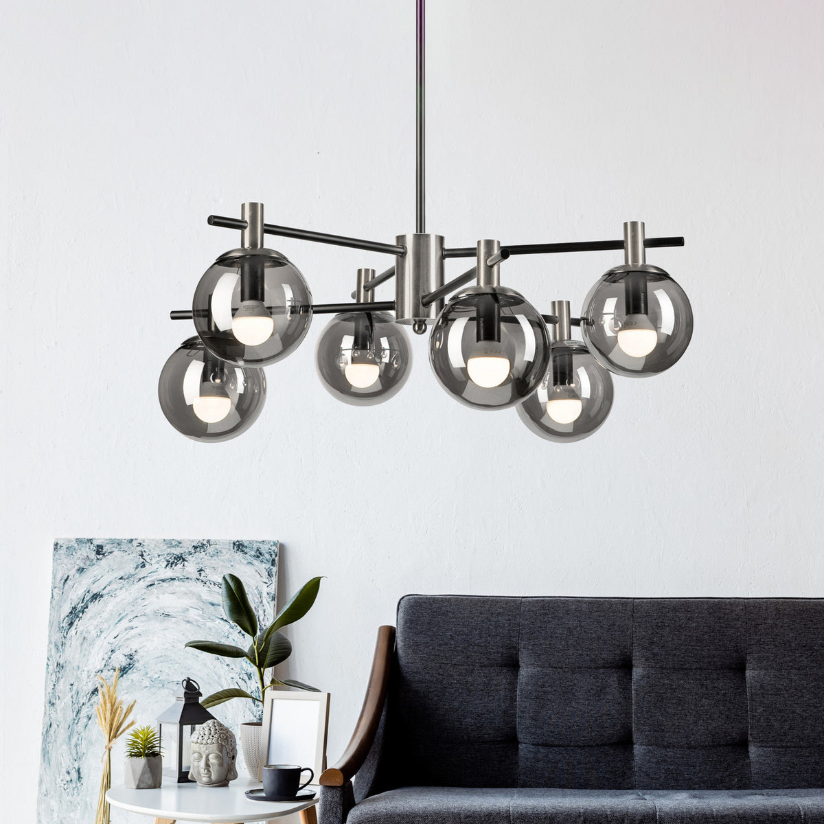 Plafonnier Lilou en verre, gris fumée transparent et chromé, 6 lumières, Ø 53 cm