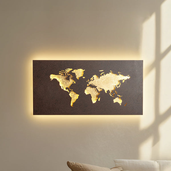 Applique murale LED World en métal, rouille et doré, hauteur 30 cm