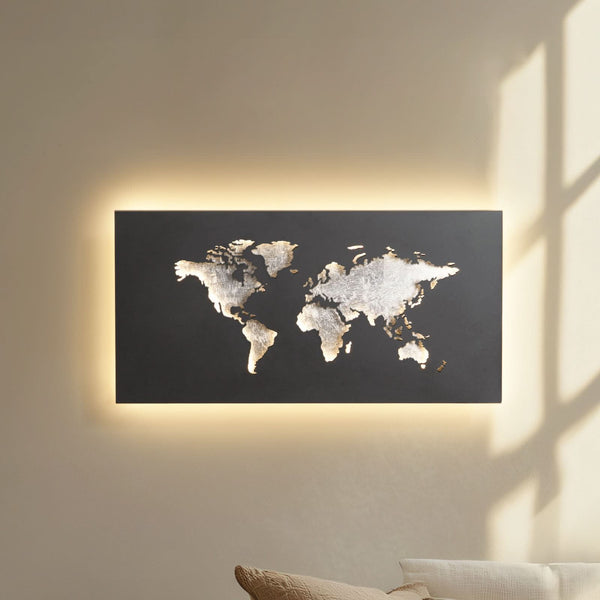 Applique murale LED World en métal, noir et argenté, hauteur 30 cm