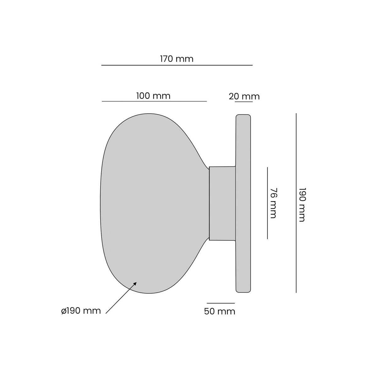 Schéma technique du luminaire avec les différentes dimensions indiquées en millimètres.