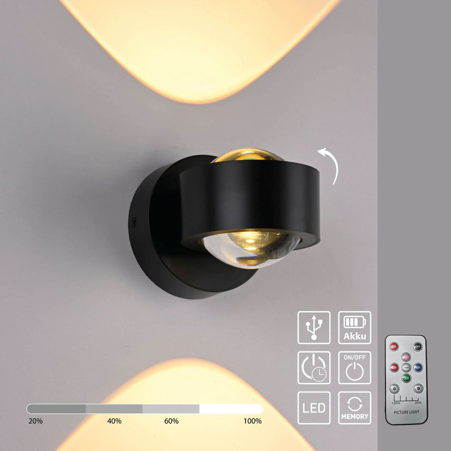 Applique murale LED rechargeable Chia en métal, noir, 2 lumières, hauteur 9 cm