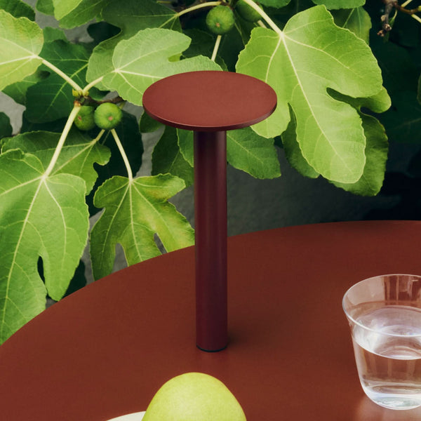 Lampe à poser d'extérieur LED rechargeable Host Portable en aluminium, rouille, Ø 10 cm, IP44, 2700 K, 2 W, hauteur 22 cm