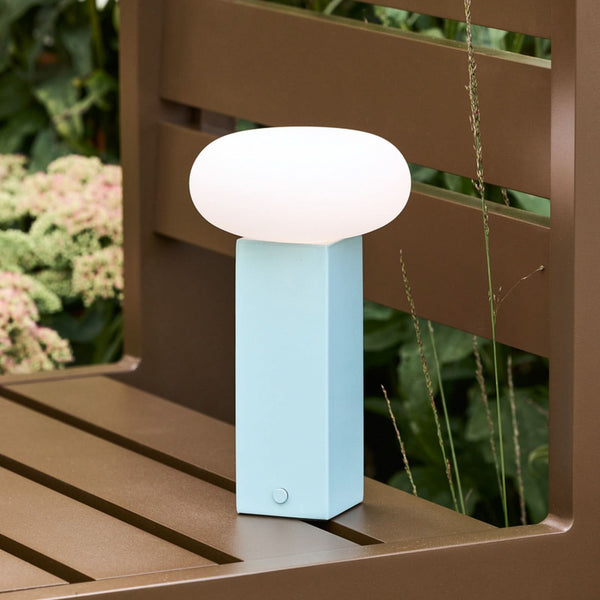 Lampe à poser d'extérieur LED rechargeable LOW en verre, bleu et blanc, hauteur 20 cm, IP44