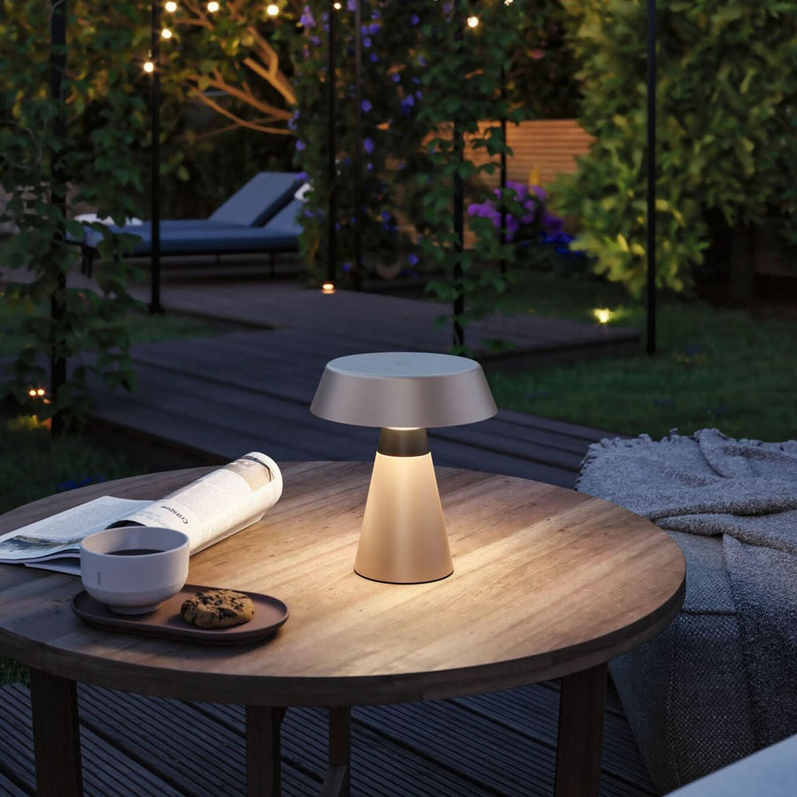 Lampe à poser d'extérieur LED Lirox en métal, beige et noir, Ø 18,4 cm, IP44
