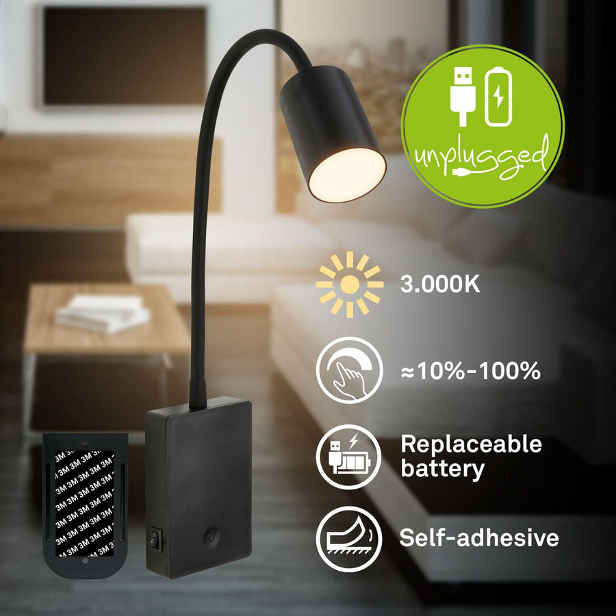 Applique murale LED rechargeable Brilo, noir, hauteur 51 cm