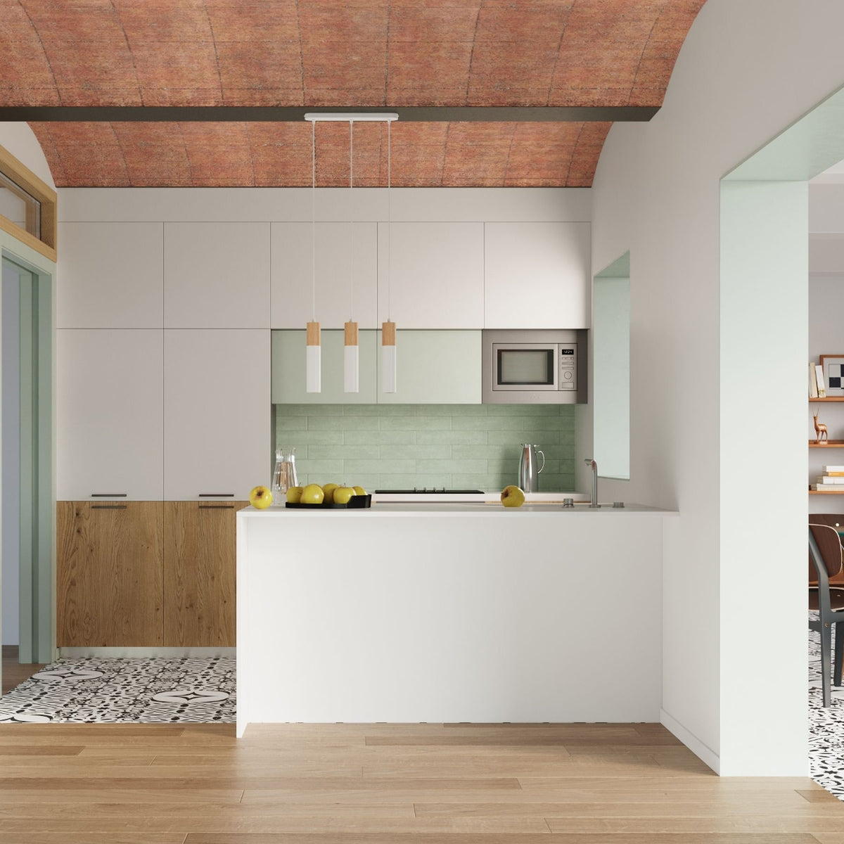Luminaire suspendu au-dessus d'un comptoir de cuisine, ambiance moderne avec bois et vert