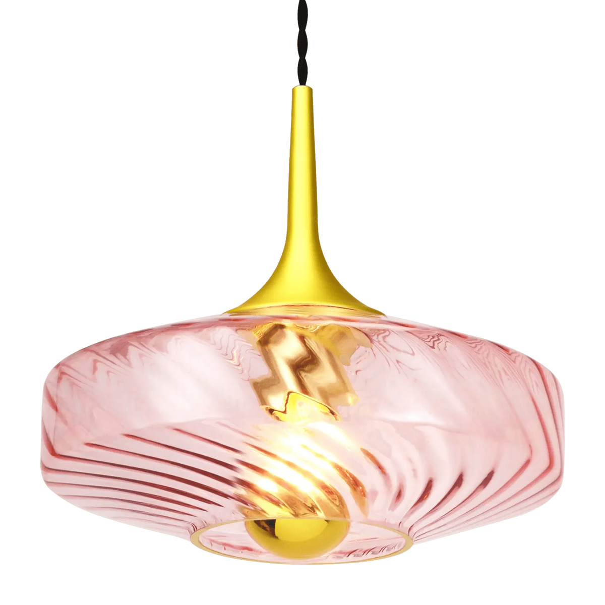 Suspension rose en verre soufflé présentée de face sur fond blanc, câble noir et douille dorée.