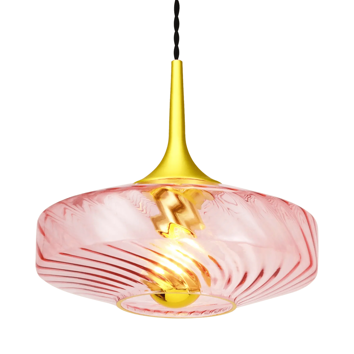 Vue de face, déclinaison rose du luminaire en verre soufflé, fond blanc.