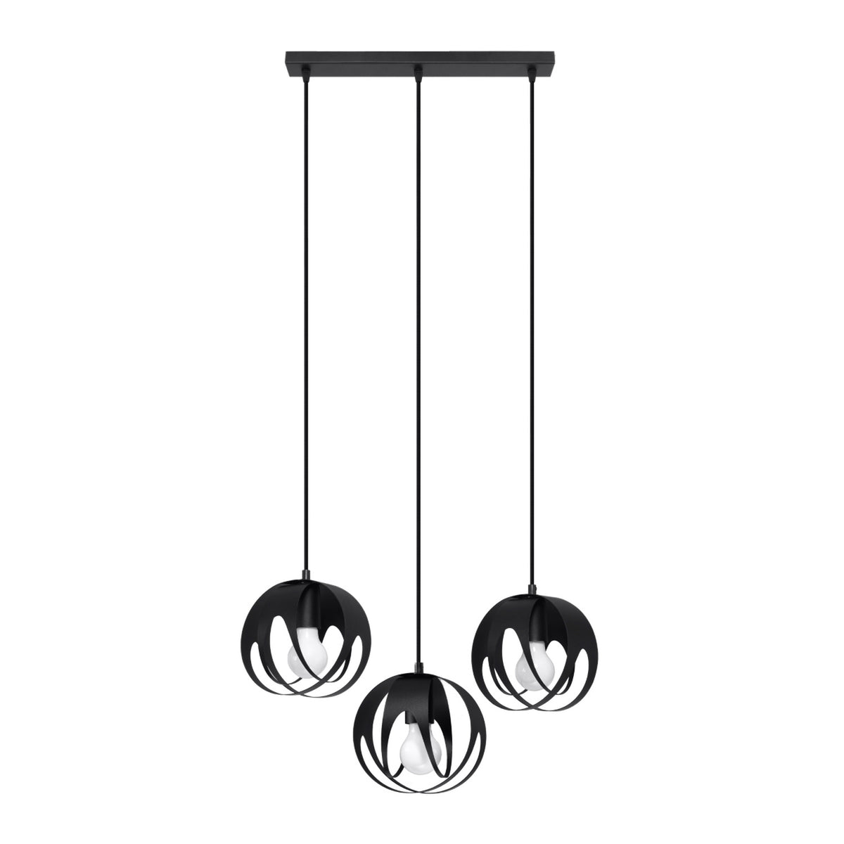 Luminaire suspendu noir à trois cages sphériques ajourées, vue de face sur fond blanc