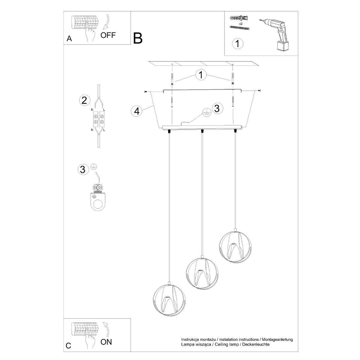 Schéma de montage du luminaire avec fixations, raccordement électrique et notice illustrée