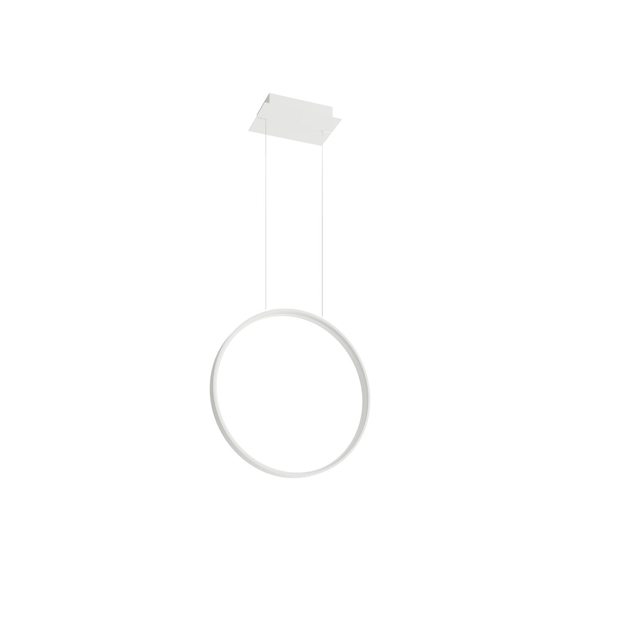 Vue de face du luminaire suspendu, anneau et câbles sur fond blanc neutre