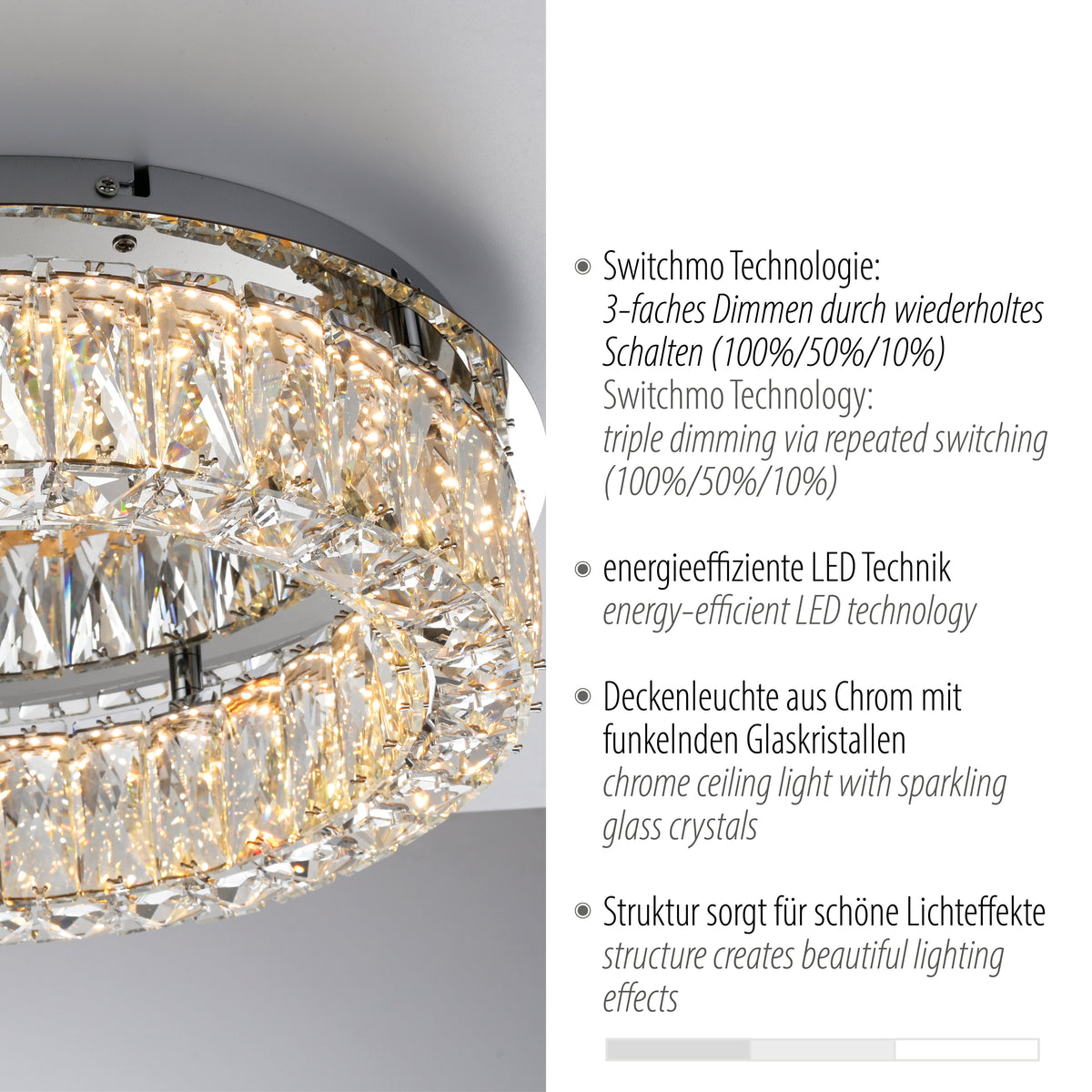 Détail rapproché du bandeau de cristaux et texte allemand des caractéristiques techniques