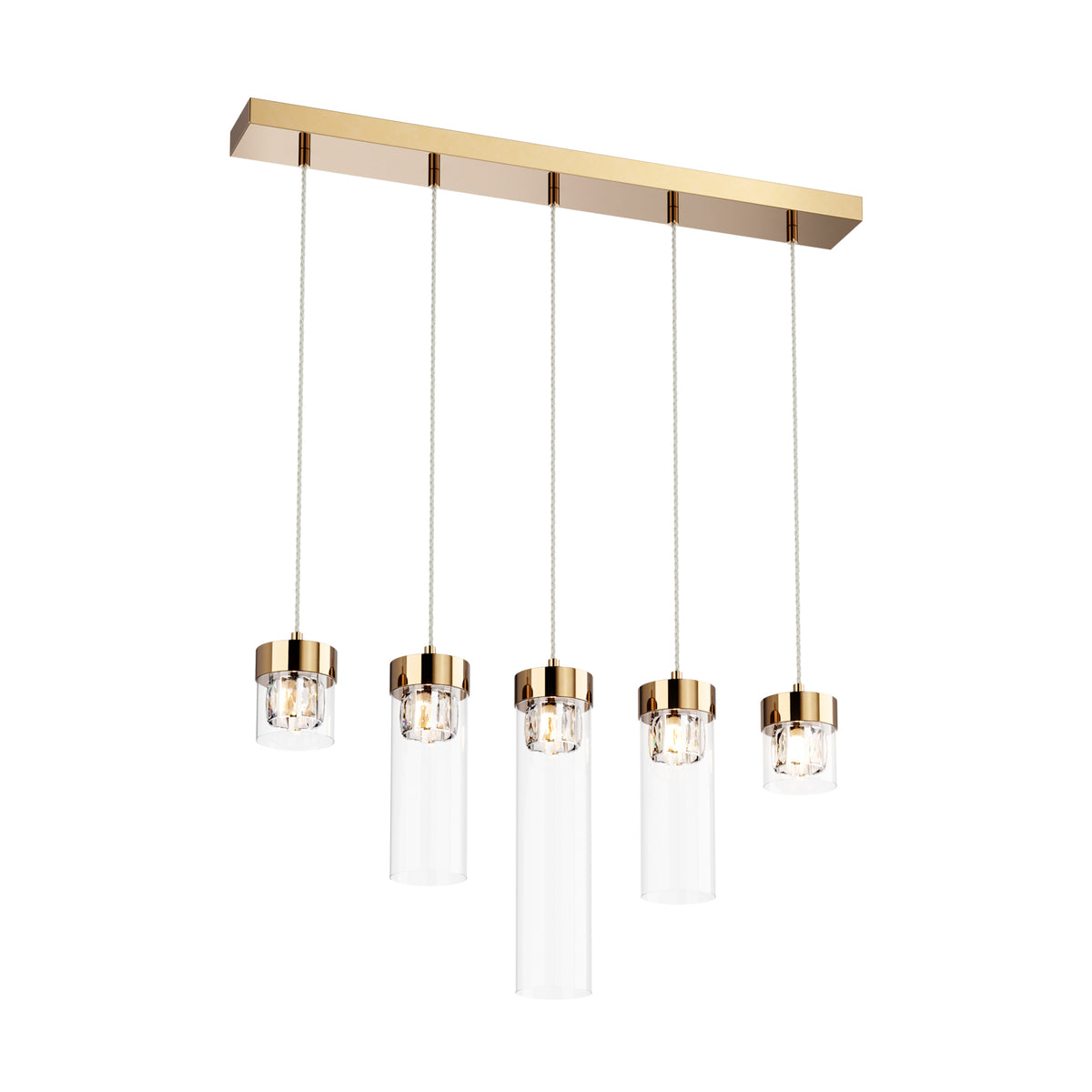 Suspension dorée à cinq cylindres en verre transparent suspendus sous une barre rectangulaire.