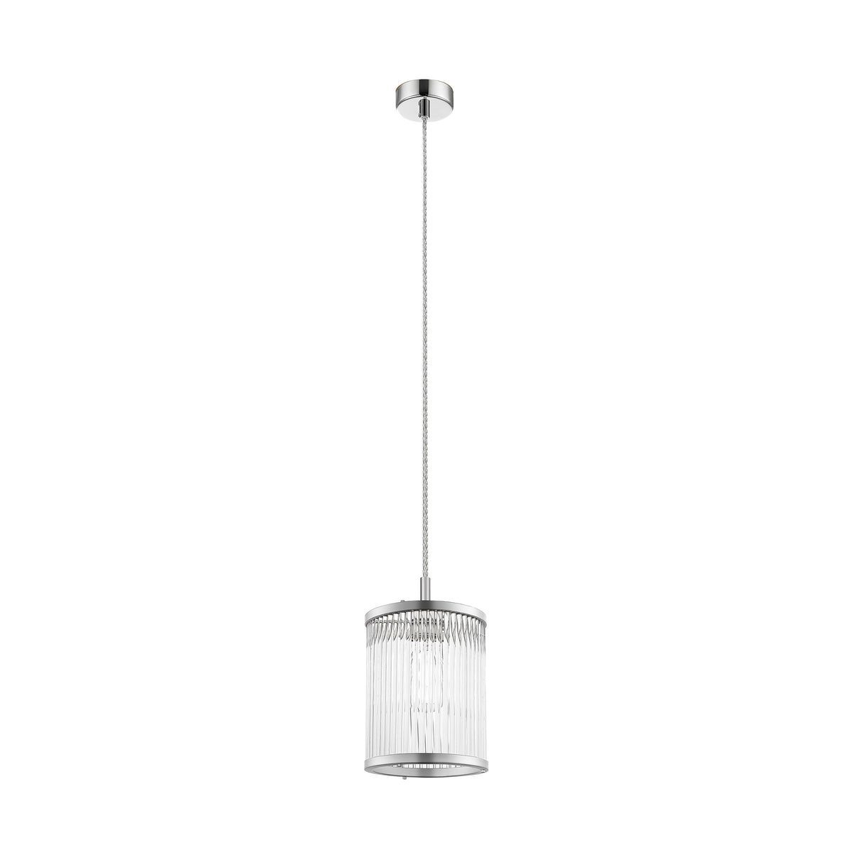 Suspension chromée complète avec câble tressé et abat-jour cylindrique en tiges de verre.