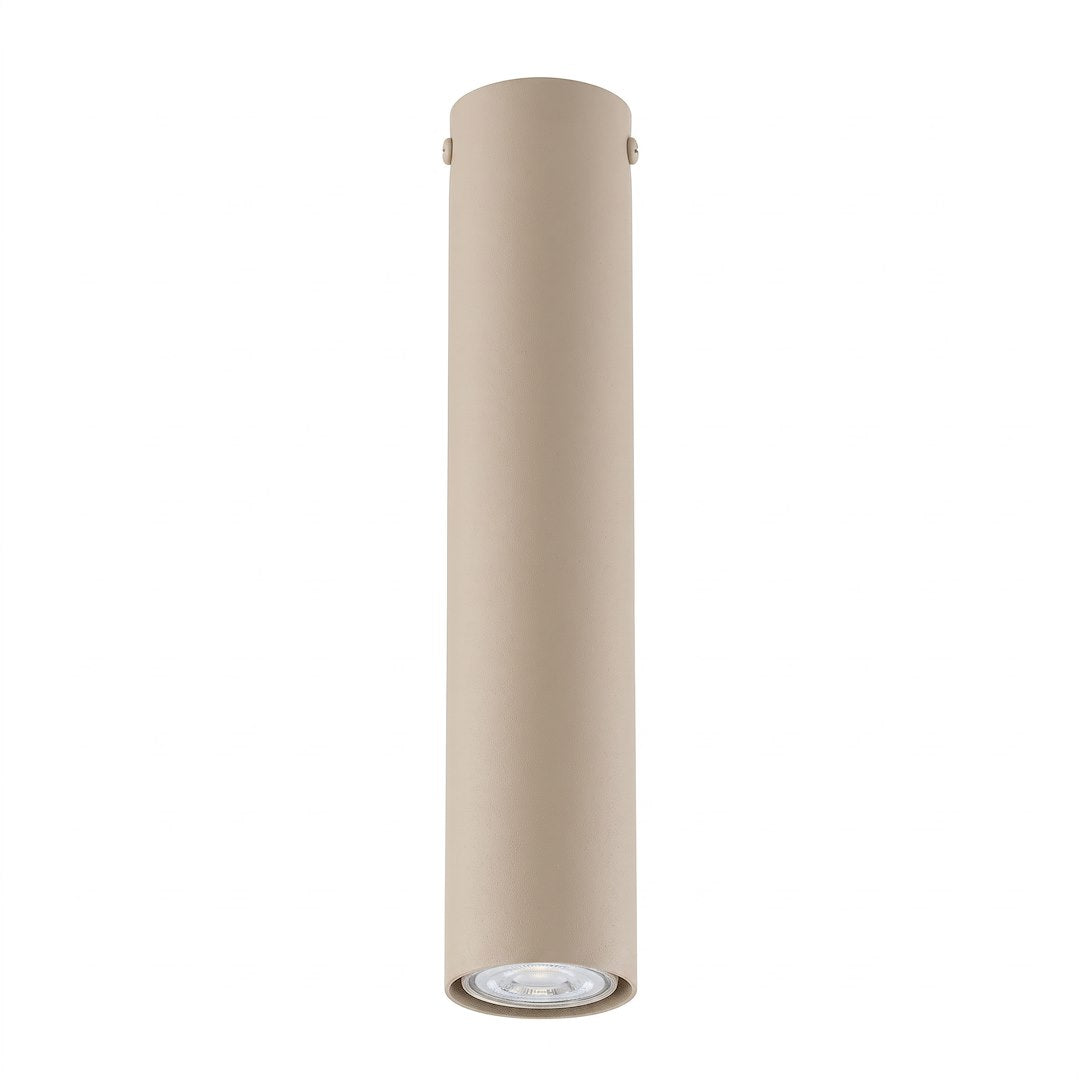 Luminaire cylindrique beige vu de face sur fond blanc, projecteur orientable vers le bas
