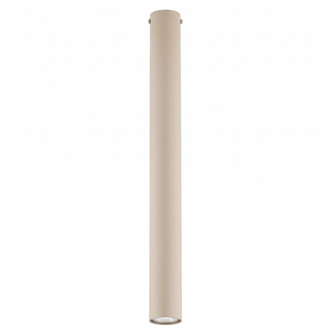 Plafonnier cylindrique beige vu de face, fond blanc, longueur totale visible