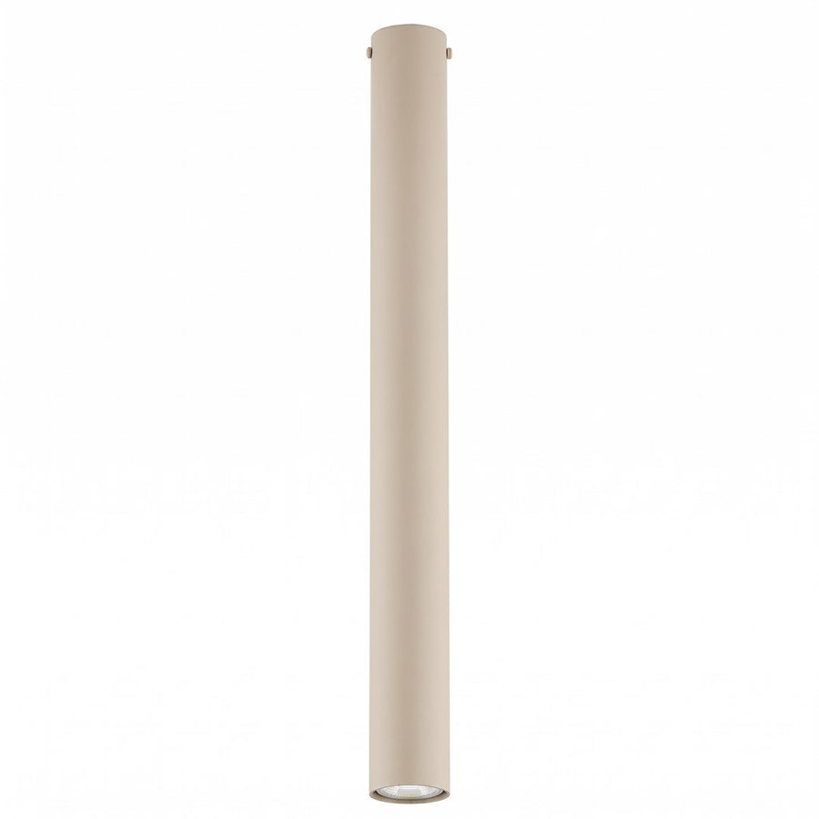 Plafonnier cylindrique beige vu de face, fond blanc, longueur totale visible