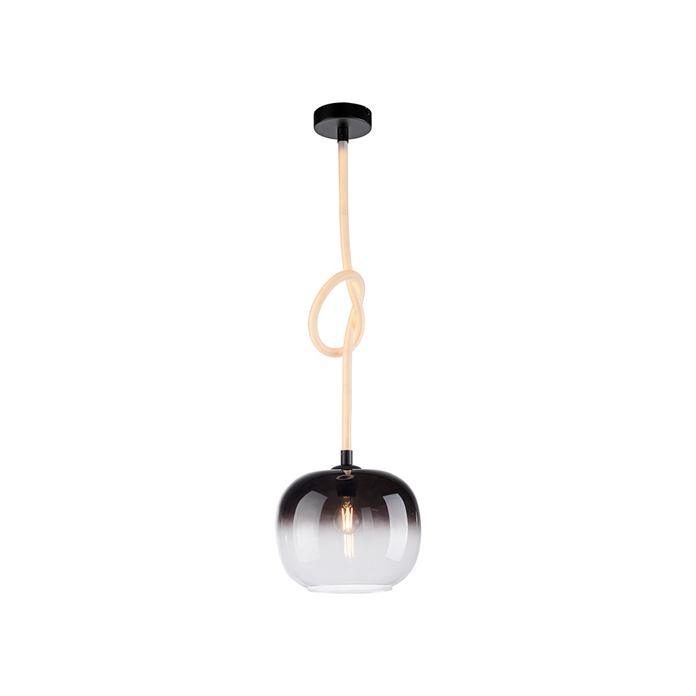 Suspension seule sur fond blanc, câble lumineux noué et verre fumé dégradé