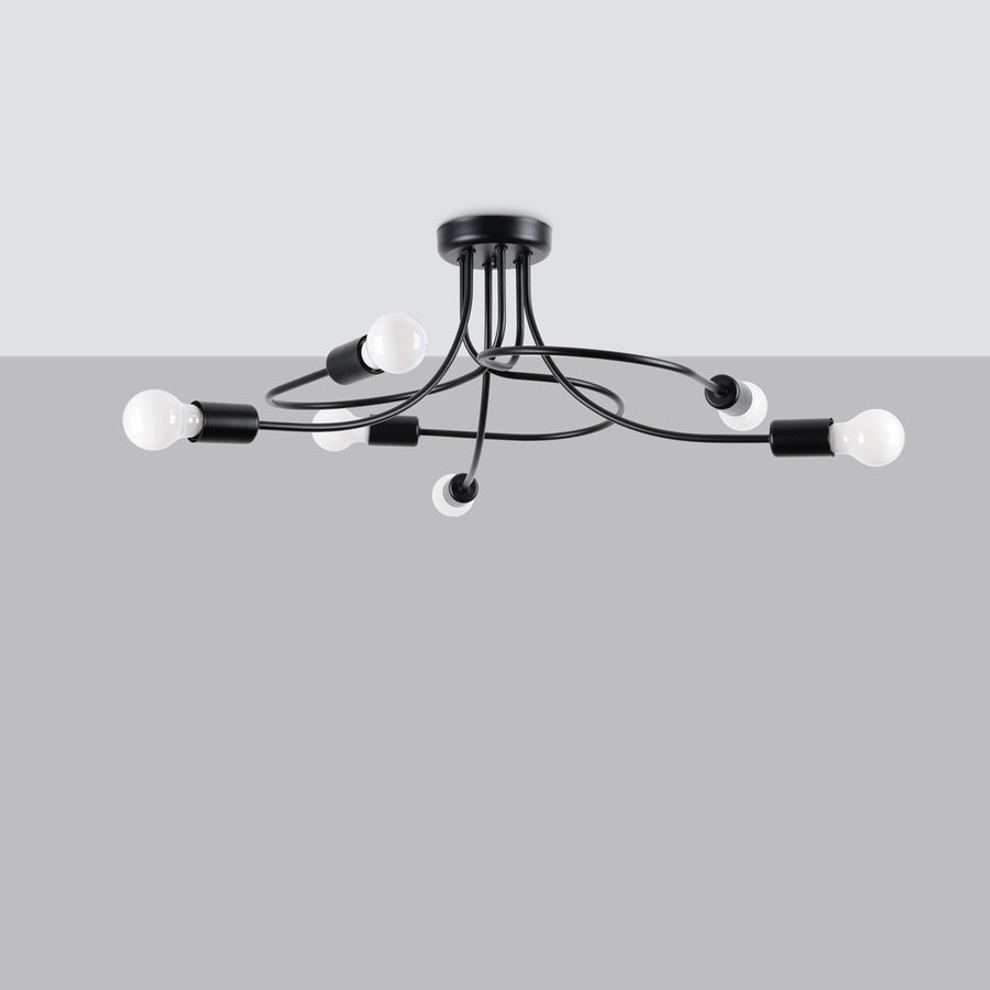 Meme plafonnier noir presente sur fond gris avec ampoules blanches eteintes