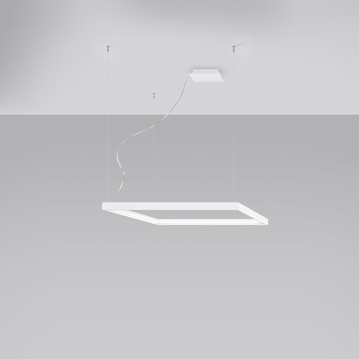 Rendu studio sur fond gris clair montrant le luminaire carré blanc en suspension