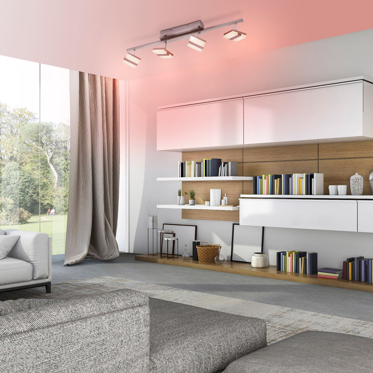Mise en ambiance dans un salon moderne, plafond éclairé d'une lumière rose.