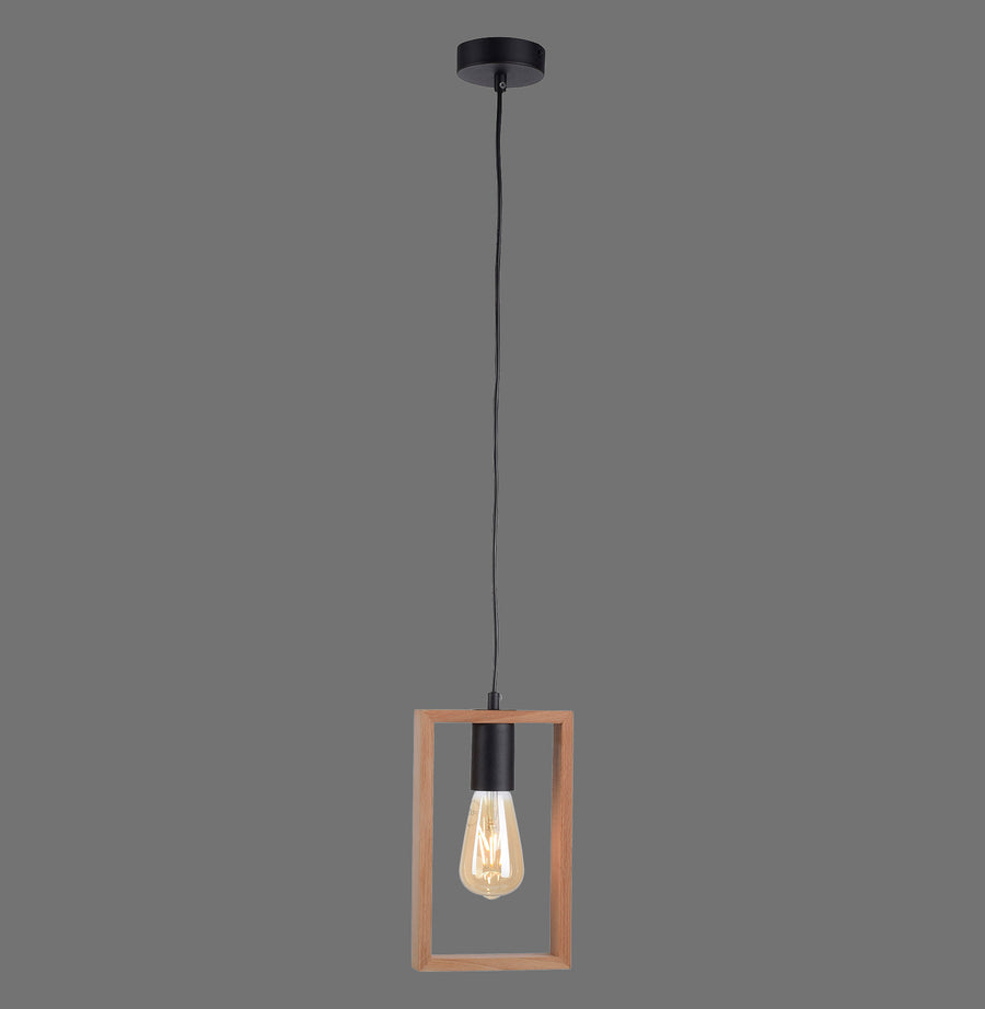 Suspension noire et bois avec ampoule visible, vue de face sur fond gris