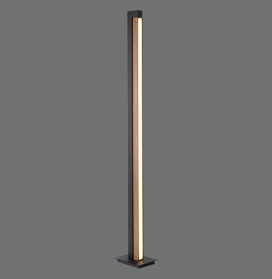 Lampadaire colonne anthracite et chêne clair photographié de face sur fond gris