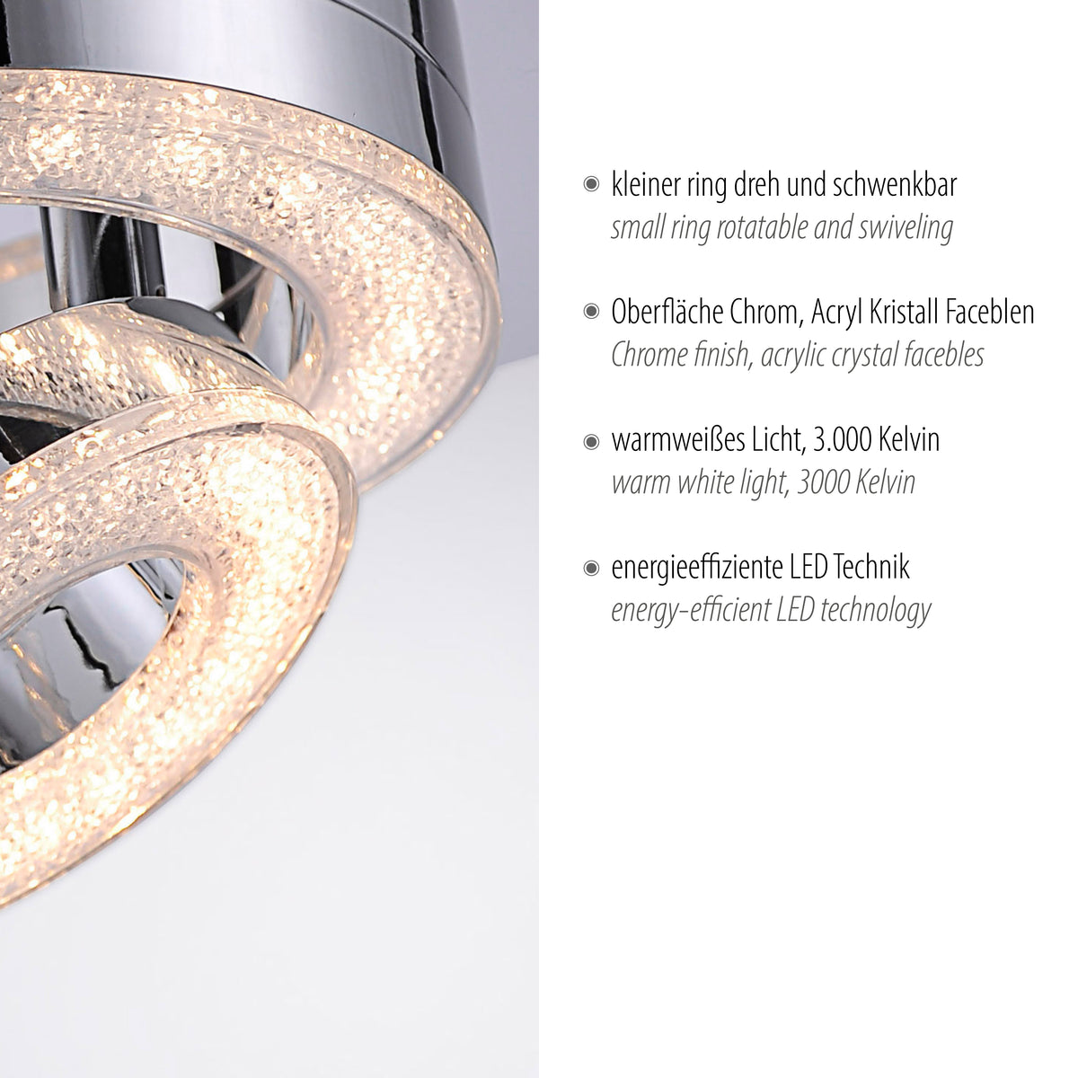 Détail rapproché des anneaux LED et des facettes en acryl cristal