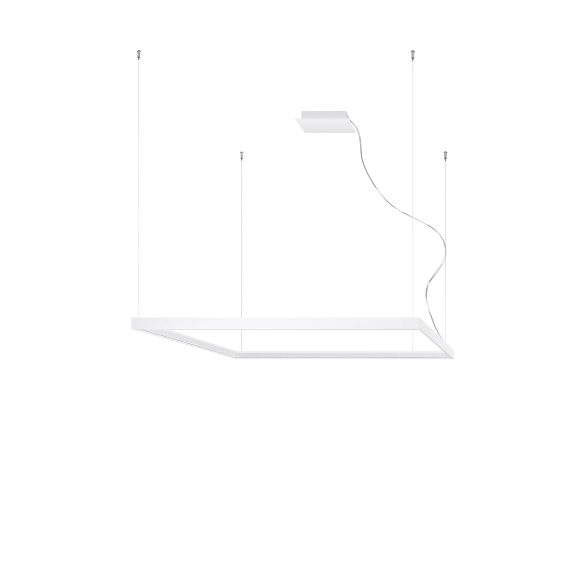 Vue de face du luminaire suspendu blanc avec son cadre carré et ses câbles.