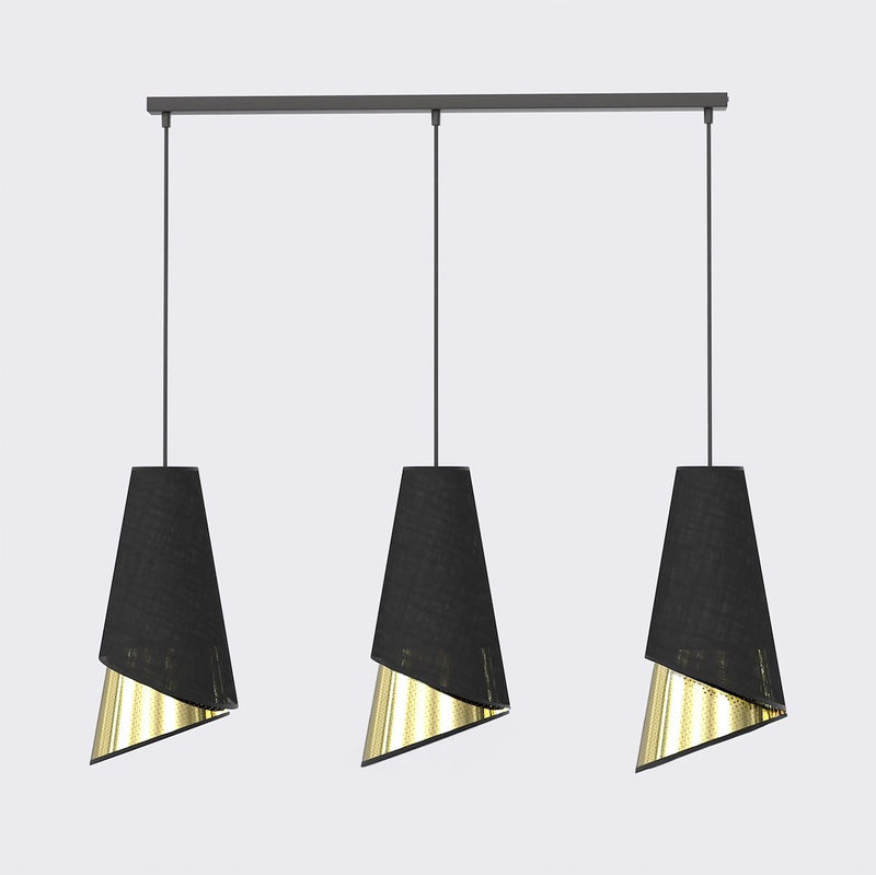 Suspension Moda 3 lumières noire, tissu doré