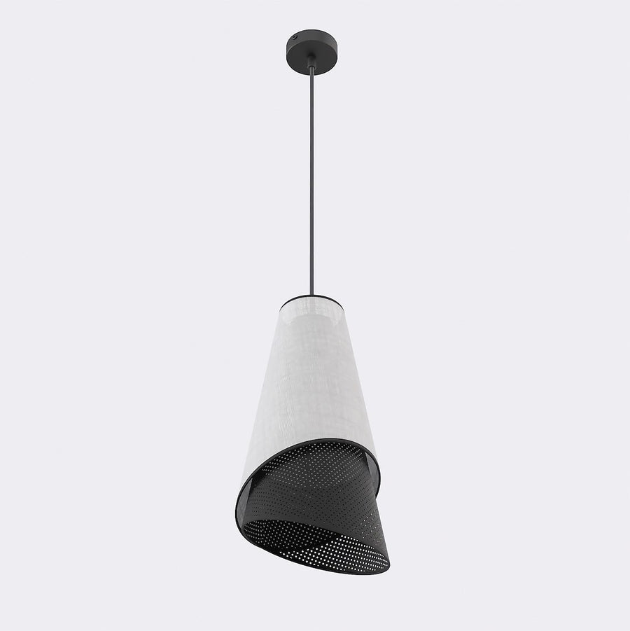 Nouvelle vue produit sur fond blanc, câble noir et abat-jour conique tissu gris.