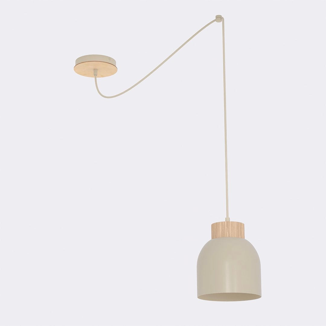 Suspension beige vue de face, rosace déportée et câble textile tendu