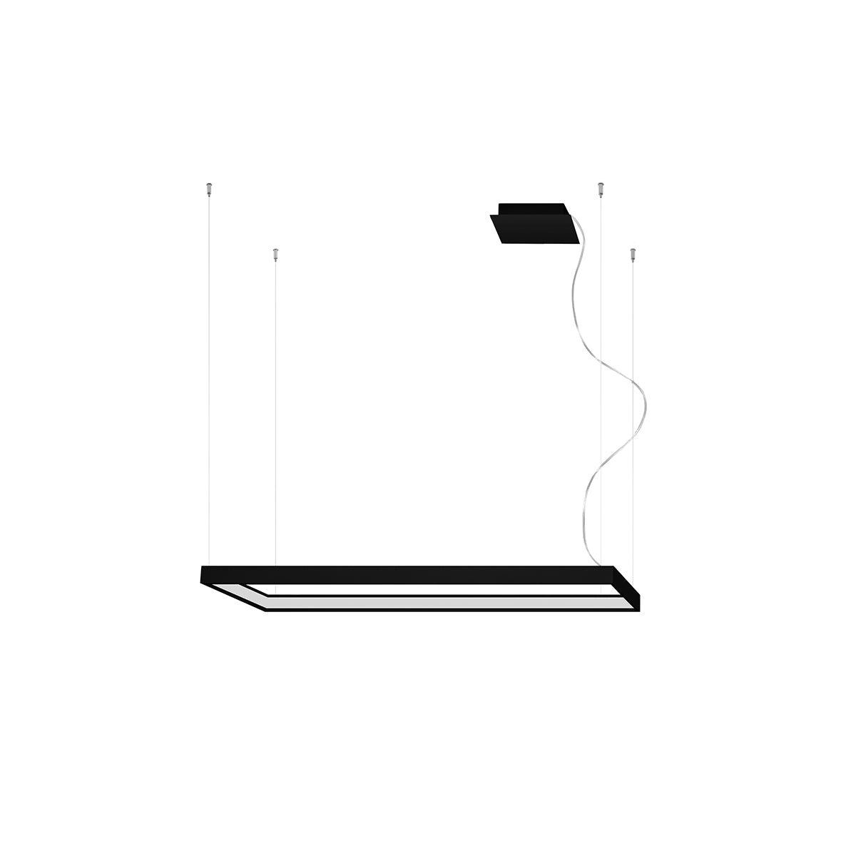 Vue de face du luminaire suspendu, cadre rectangulaire noir et câbles fins