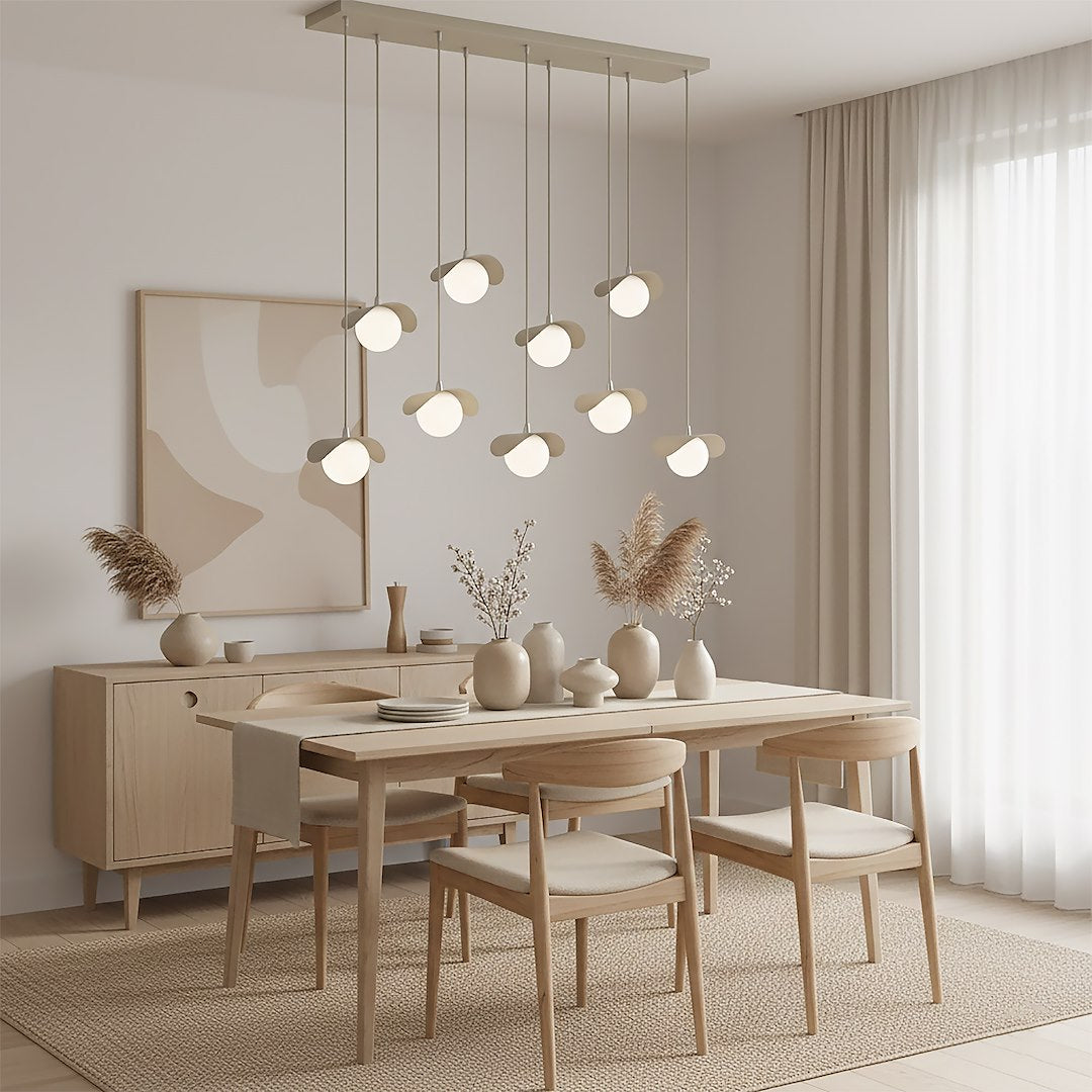 Mise en ambiance dans une salle à manger avec buffet en bois et vases
