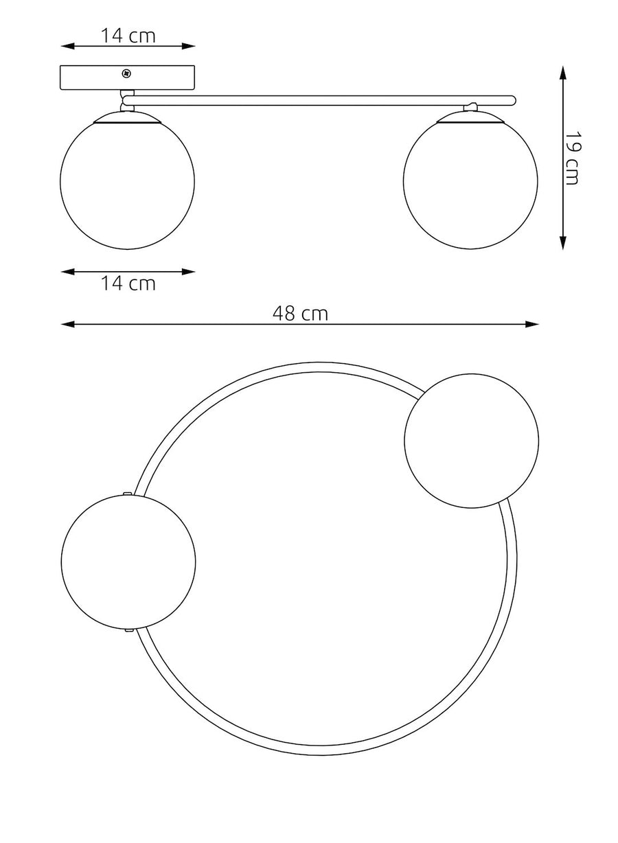 Schéma coté du plafonnier, dimensions 48 cm de large et 19 cm
