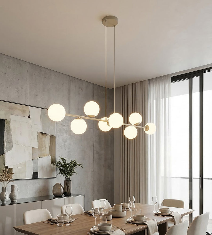 Suspension Magnus 8 lumières beige, verre blanc