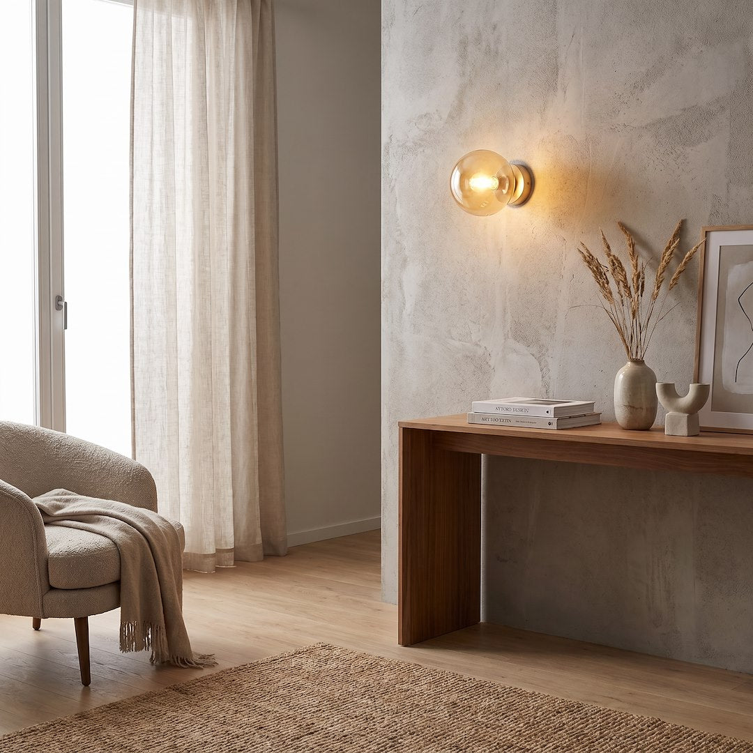 Mise en ambiance du luminaire allumé au-dessus d'un meuble en bois dans un salon clair.