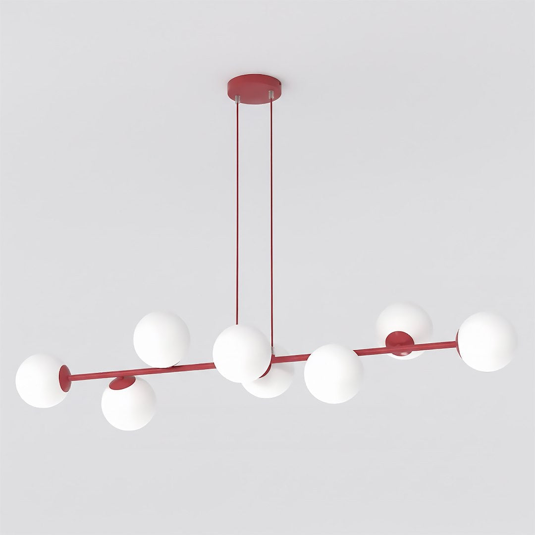 Suspension complète à huit globes blancs sur barre bordeaux, vue de face sur fond neutre.