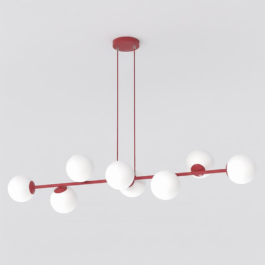 Suspension complète à huit globes blancs sur barre bordeaux, vue de face sur fond neutre.