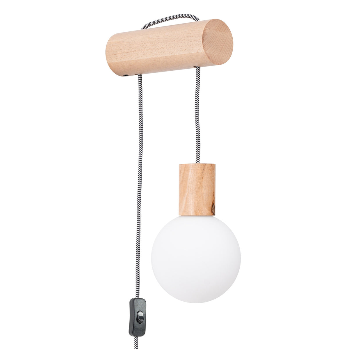 Vue de face de l'applique en bois clair avec globe blanc et interrupteur.