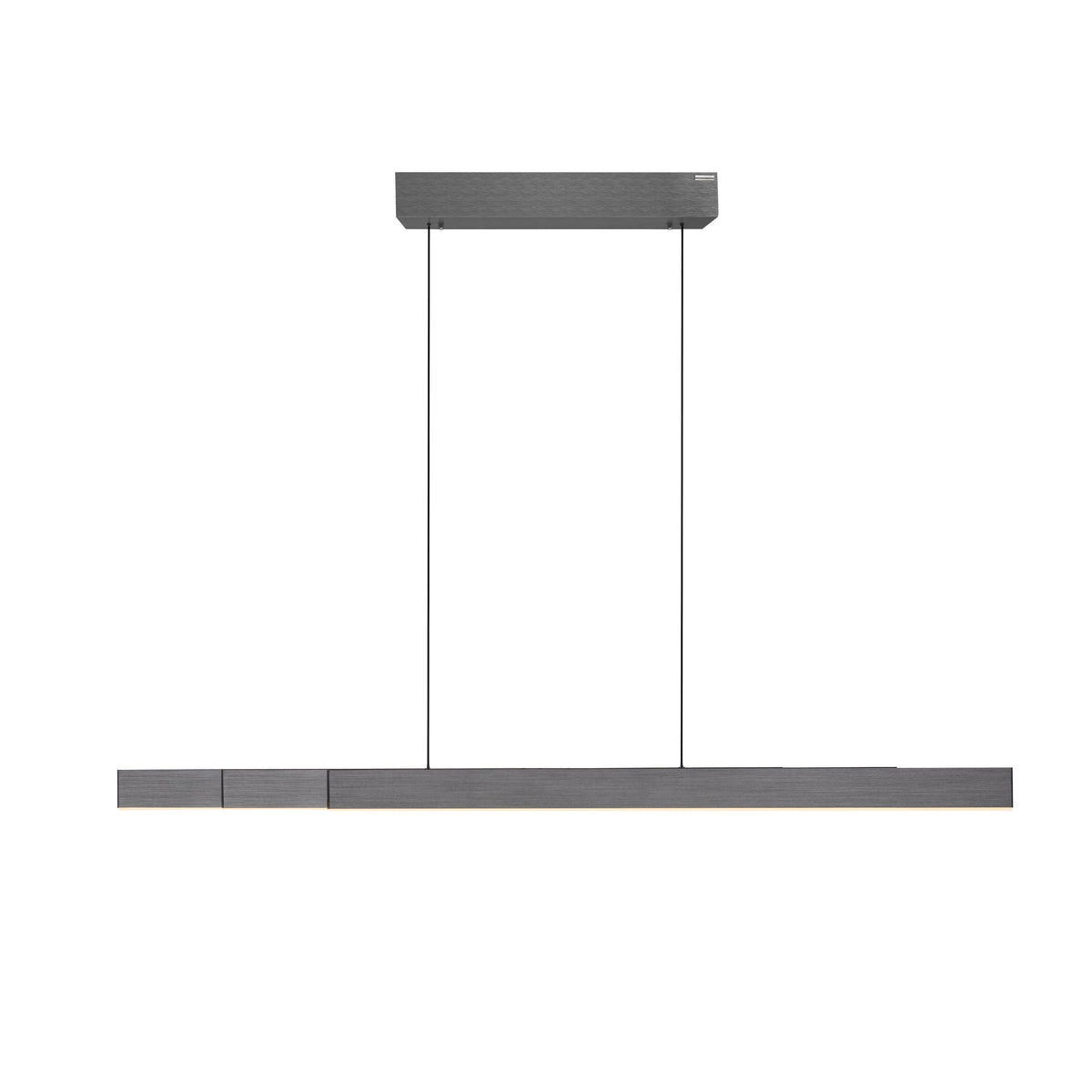 Suspension linéaire grise vue de face sur fond blanc, avec ses câbles et sa barre lumineuse.
