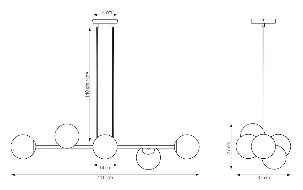 Schéma technique coté indiquant largeur 110 cm et hauteur maximale 140 cm