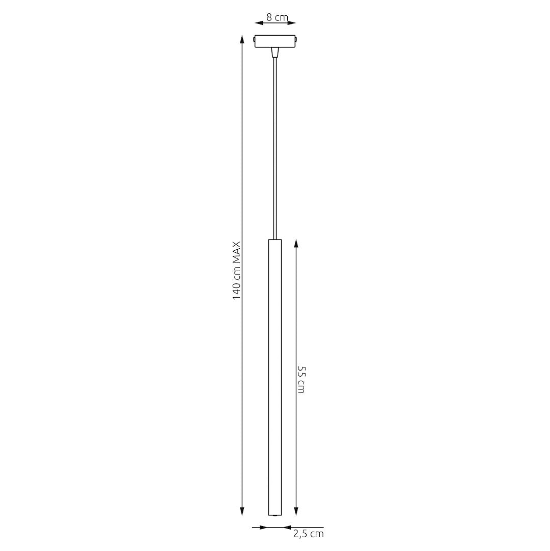 Schéma de dimensions : hauteur maximale 140 cm, tube 55 cm, diamètre 2,5 cm, base 8 cm.