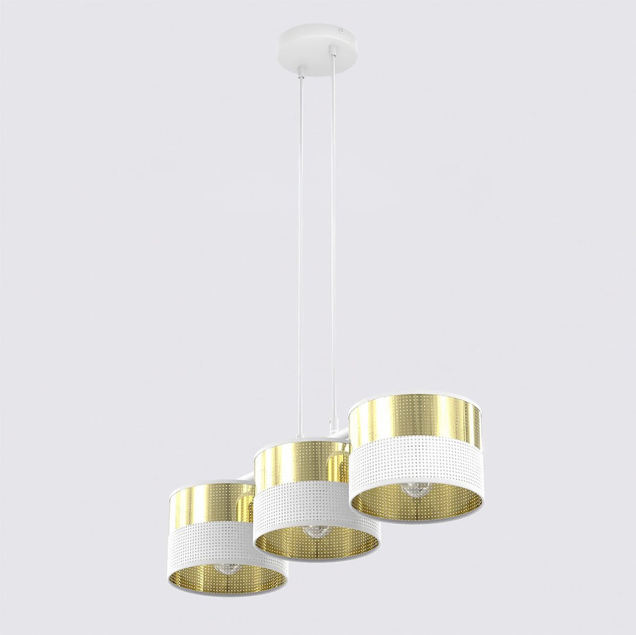 Suspension Lux 3 lumières blanche, tissu doré